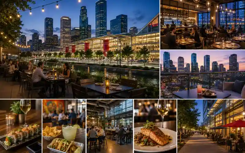 Restaurants near George R. Brown Convention Center in Downtown Houston featuring upscale dining, local cuisine, business dining venues, and vibrant restaurant scenes near the convention district.